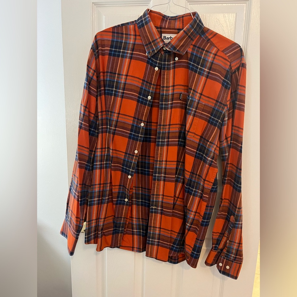 Barbour Men's Orange and Blue Plaid Flannel Shirt